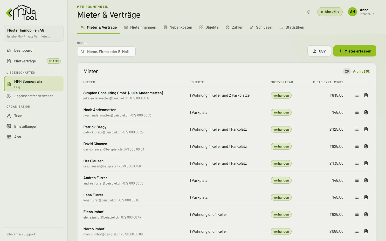 MiVaTool: Liste der Mieterinnen und Mieter mit Objekten, Mietvertrag und Mietzins