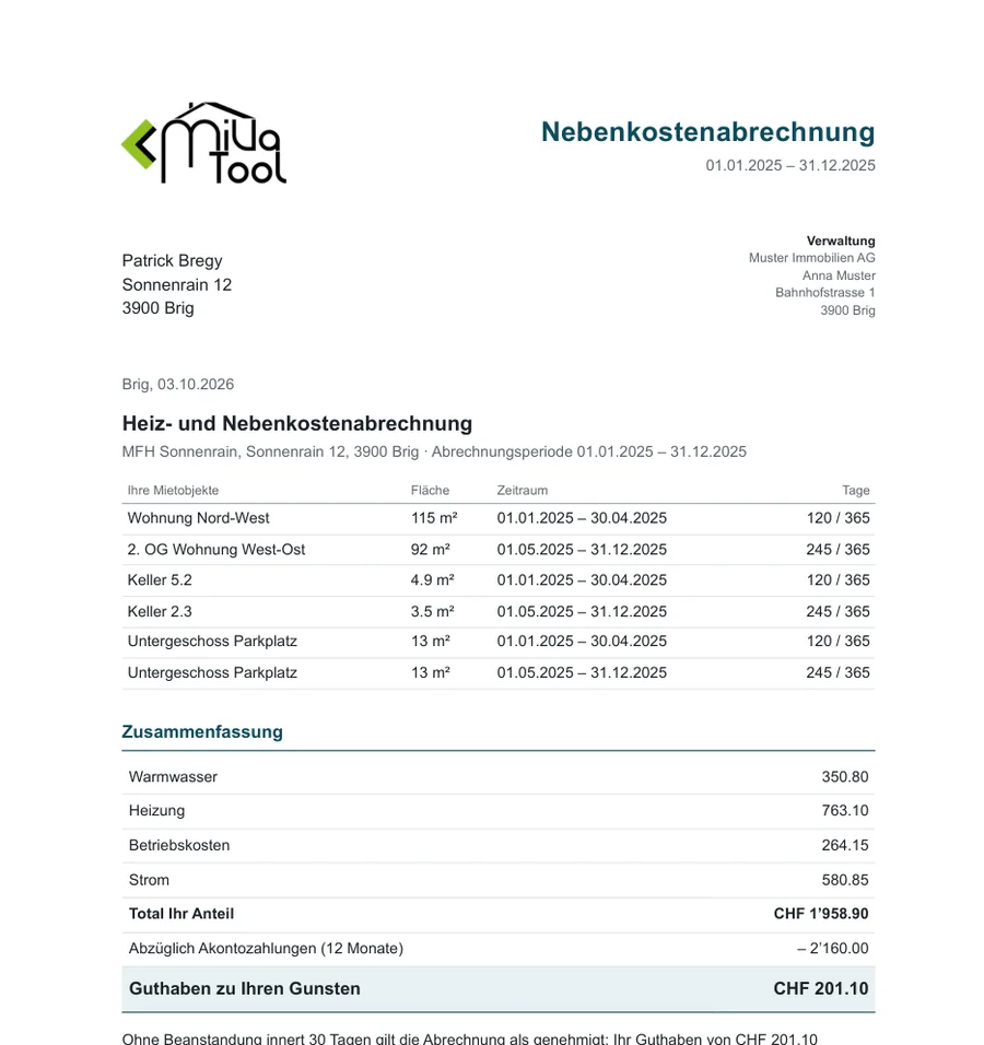 Beispiel einer Nebenkostenabrechnung als PDF mit Zusammenfassung und Saldo